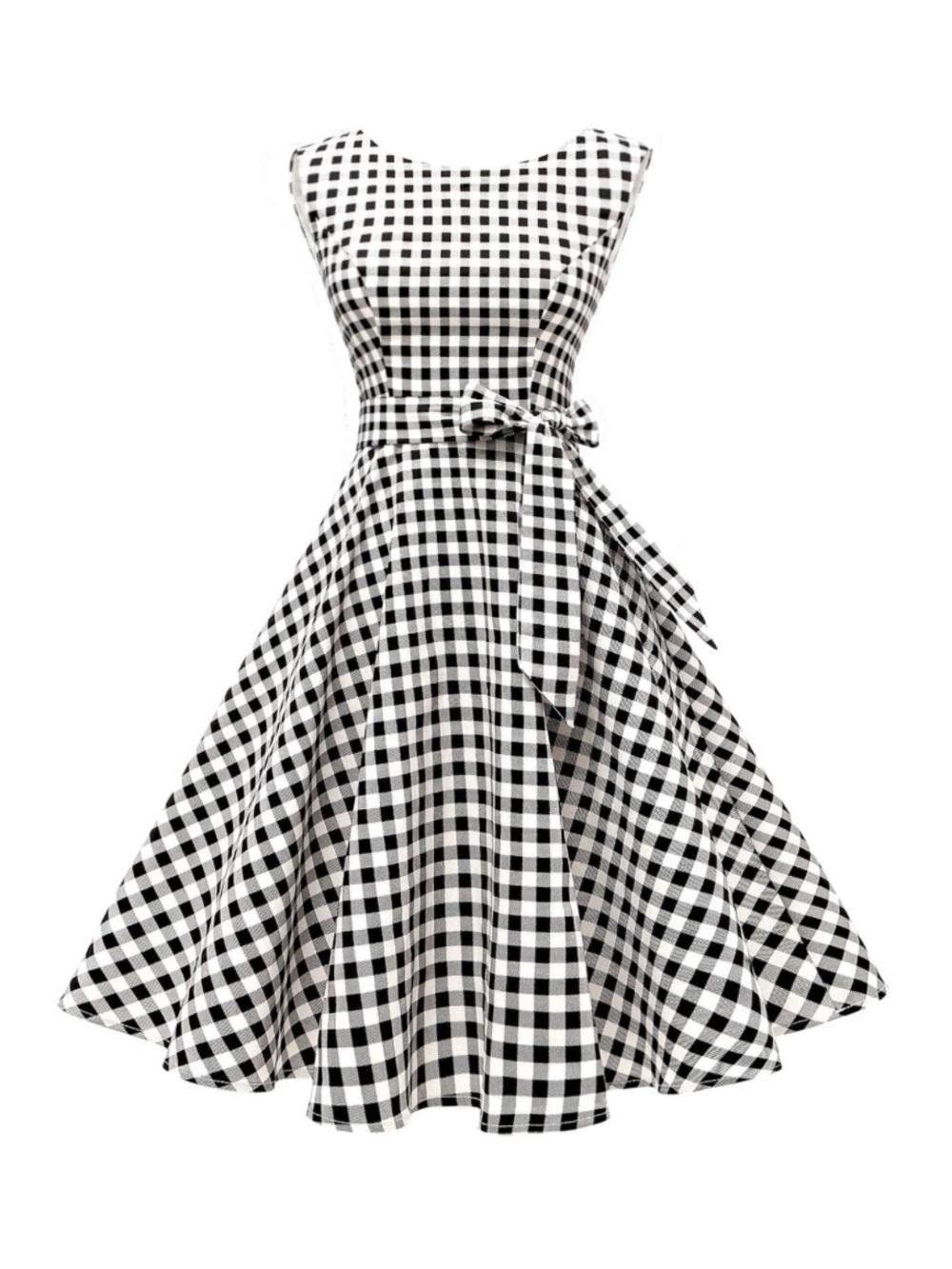 Women's Small Black & White Gingham Fit-and-Flare Dress with Waist Tie NWOT